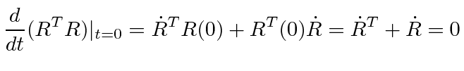 \bgroup\color{black}$\displaystyle {d\over dt}(R^TR)\vert _{t=0}=\dot{R}^TR(0)+R^T(0)\dot{R}= \dot{R}^T+\dot{R}=0 $\egroup