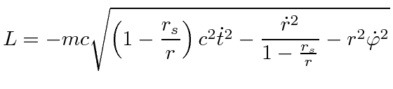 \bgroup\color{black}$ \displaystyle L = -mc\sqrt{\left(1 - \frac{r_s}{r} \right) c^2 \dot{t}^2 - \frac{\dot{r}^2}{1-\frac{r_s}{r}} - r^2 \dot{\varphi}^2} $\egroup