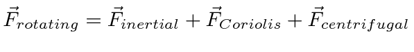 \bgroup\color{black}$\displaystyle \vec{F}_{rotating} = \vec{F}_{inertial} + \vec{F}_{Coriolis} +\vec{F}_{centrifugal} $\egroup