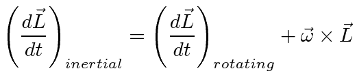 \bgroup\color{black}$\displaystyle \left({d\vec{L}\over dt}\right)_{inertial}=\left({d\vec{L}\over dt}\right)_{rotating} + \vec{\omega}\times\vec{L} $\egroup