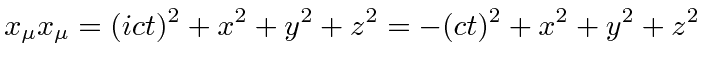 \bgroup\color{black}$\displaystyle x_\mu x_\mu=(ict)^2+x^2+y^2+z^2=-(ct)^2+x^2+y^2+z^2 $\egroup