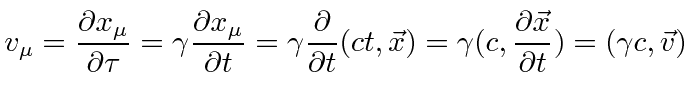 \bgroup\color{black}$\displaystyle v_\mu={\partial x_\mu\over\partial\tau}=\gamm...
...vec{x})=\gamma (c,{\partial \vec{x}\over\partial t})=(\gamma c,\vec{v}) $\egroup