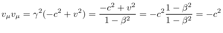 \bgroup\color{black}$\displaystyle v_\mu v_\mu=\gamma^2(-c^2+v^2)={-c^2+v^2\over 1-\beta^2}=-c^2{1-\beta^2\over 1-\beta^2}=-c^2 $\egroup