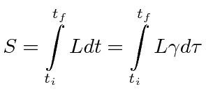 \bgroup\color{black}$\displaystyle S=\int\limits_{t_i}^{t_f} L dt=\int\limits_{t_i}^{t_f} L\gamma d\tau $\egroup
